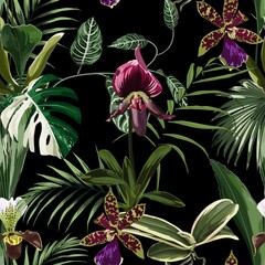 Exotic flowers seamless pattern. Tropical violet bordo orchid flowers and palm leaves in summer print. Hawaiian t-shirt and swimwear tile. Black background.