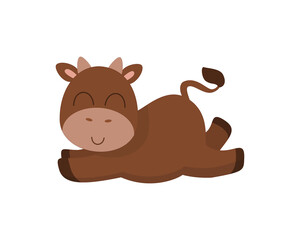The cartoon bull is lying merrily on its stomach. Illustration with the animal symbol of 2021. Vector illustration of a cow in cartoon style. Funny, brown calf