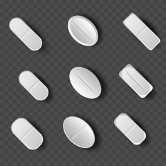 Medications. Set of white pills and tablets on transparent background. Medical and healthcare concept.