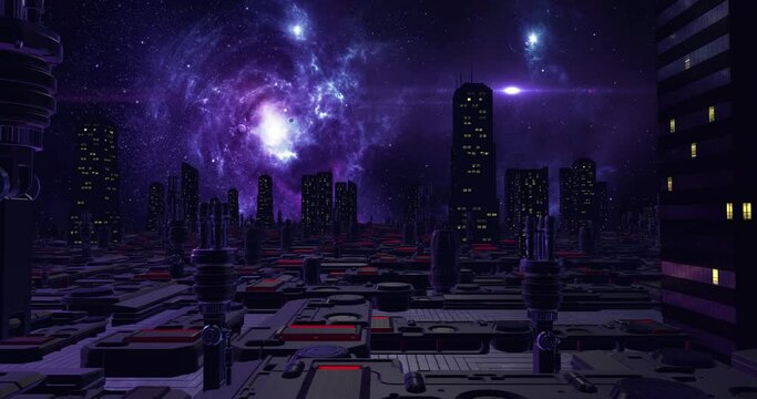 Futuristic City Concept. Machines And Skyscrapers On Spaceship. High-Tech City. Technology And Space Related 3D Animation.