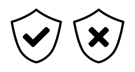 Shield Black and White Safe and Unsafe Security Icon Set with Checkmark and X Cross Signs. Vector Image.