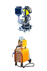 Few compact welding machines close up isolated on white background