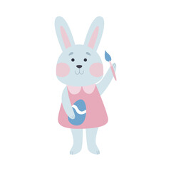 An Easter bunny in a pink dress paints eggs. A hare girl in festive clothes. Happy Easter, vector illustration with cartoon character