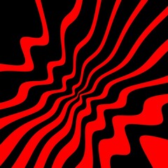 intricate patterns and designs from many tapering wavy red stripes on a black background