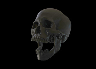 A human skull with an open jaw in rich colors against a solid black background. The concept of death, horror. Spooky symbol of Halloween, virus, immortality, piracy. 3d render illustration.