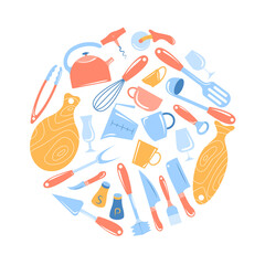 Set of kitchen tools. Can be used to design cooking classes, menu decorations, recipe books. Collection of isolated objects in cartoon style. Vector illustration