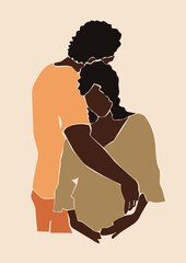 Afro American Black Family Portrait on the white beige background. Pregnant Black Woman.
