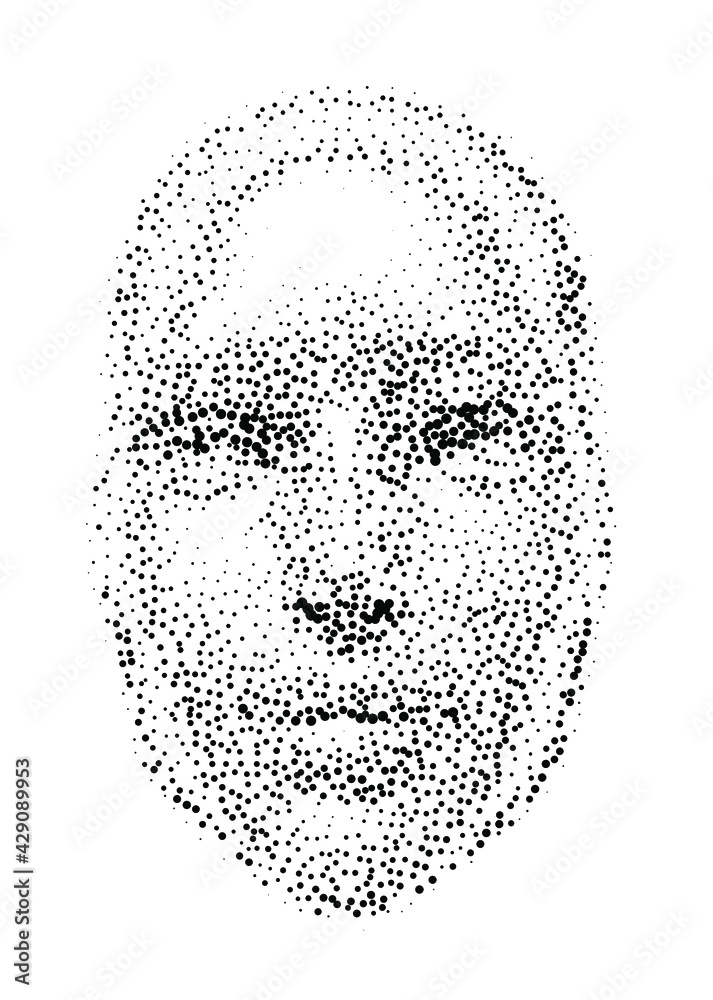 Poster Silhouette of a 3d human head made of dots and particles. Concept of Artificial intelligence and Neural Network.