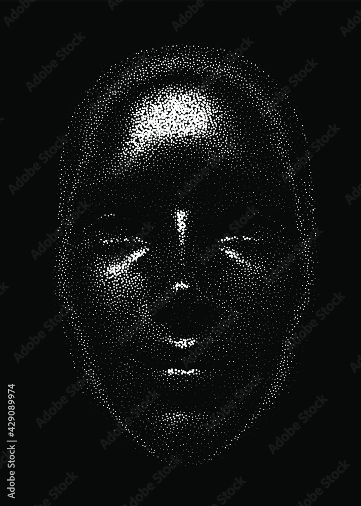 Poster Silhouette of a 3d human head made of dots and particles. Concept of Artificial intelligence and Neural Network.
