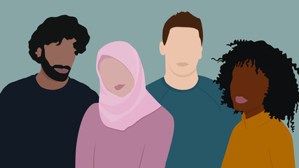 Group of people different kind races together. People with different nationalities. Multinational group of happy people stay together. Friendship concept. Flat vector illustration
