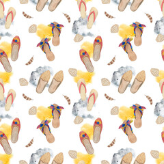 Watercolor hand-drawn pattern with summer shoes, seashells, feathers, grey and yellow stains. Fashion pattern.