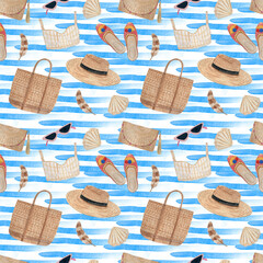Watercolor hand-drawn fashion pattern with blue waves, straw bags, straw hats, sunglasses, feathers, seashells. Summer seamless pattern.