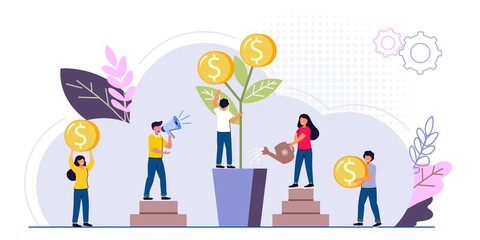 Invest in best idea Investment and analysis money cash profits metaphor Flat design tiny people and business concept for trading Economical wealth revenue visualized as pile of cash vector illustratio