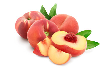 Ripe chinese flat peach fruit with leaf isolated on white background with clipping path and full...