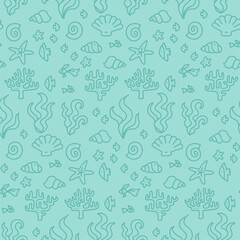 Doodle seamless turquoise coral reef seamless pattern for textile, paper design, backgrounds. Under ocean blue corals with repeated polyps, sea weed and fishes. Nautical underwater colorful ornament