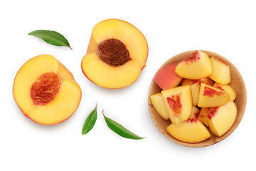Fototapeta na wymiar ripe peach half isolated on white background with clipping path. Top view. Flat lay