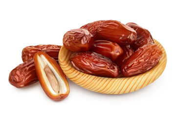 Dates in wooden bowl isolated on white background with clipping path and full depth of field.