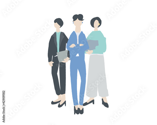 Fotobehang キャリアウーマンが並んだ全身イラスト Full Body Illustration Of Cool Working Women Necomammma
