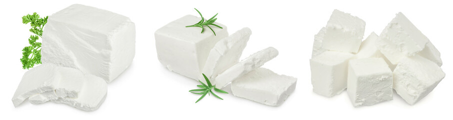 Feta cheese isolated on white background. With full depth of field. Set or collection