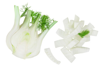 fresh fennel bulb half with slices isolated on white background . Top view. Flat lay - obrazy, fototapety, plakaty