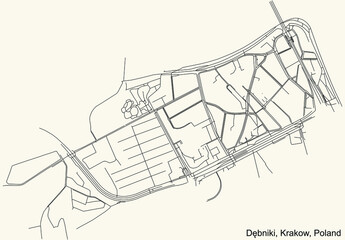 Black simple detailed street roads map on vintage beige background of the quarter Dębniki district of Krakow, Poland