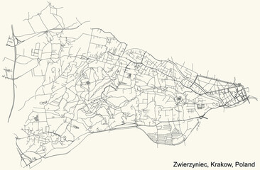 Fototapeta na wymiar Black simple detailed street roads map on vintage beige background of the quarter Zwierzyniec district of Krakow, Poland