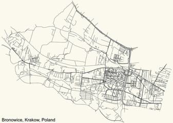 Fototapeta na wymiar Black simple detailed street roads map on vintage beige background of the quarter Bronowice district of Krakow, Poland