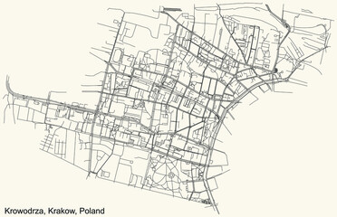 Fototapeta na wymiar Black simple detailed street roads map on vintage beige background of the quarter Krowodrza district of Krakow, Poland