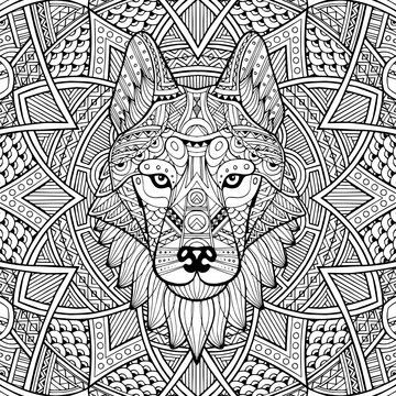 Patterned head wolf, husky, dog. Abstract ethnic image of the head of a wolf with ornament. Black, white ornament painted by hand. Animal in ethnic style for printing. Indian, Mexican motifs. Vector 