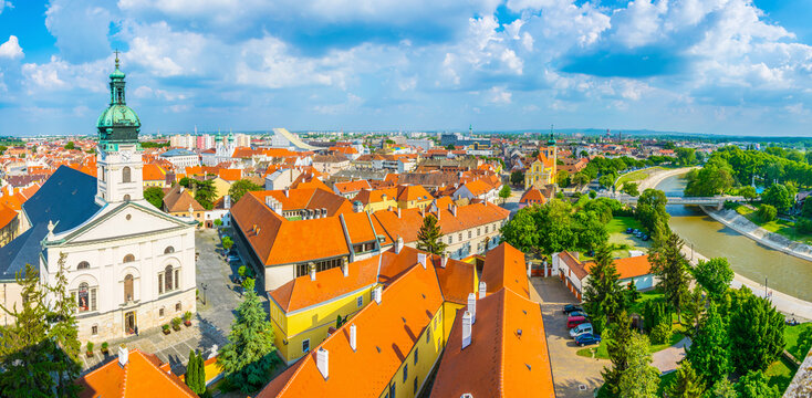 Panoramatic view of the hungarian city gyor with the roman cathedral, Carmelita Church and raba river