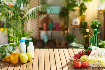 table with groceries in modern kitchen