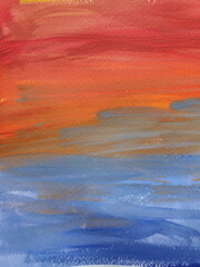 Fototapeta na wymiar Paintbrush strokes on rough watercolor paper. Gradient stripes of vibrant color paints looking like rainbow or sunset sky. Closeup shot of colorful painted paper texture