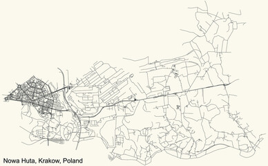 Black simple detailed street roads map on vintage beige background of the quarter Nowa Huta (New Steel Mill) district of Krakow, Poland
