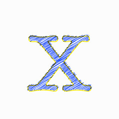 Capital letter X, sewing blue thread, editable vector