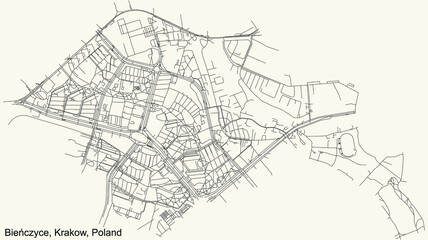 Black simple detailed street roads map on vintage beige background of the quarter Bieńczyce district of Krakow, Poland