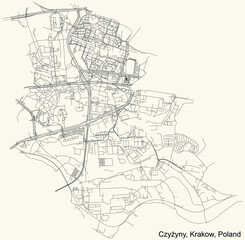 Fototapeta na wymiar Black simple detailed street roads map on vintage beige background of the quarter Czyżyny district of Krakow, Poland