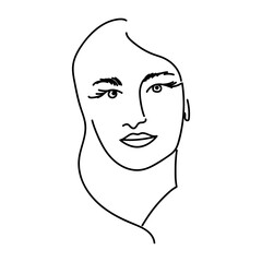 Modern Abstract Face Portrait. Linear Ink Brush. Line Art Current Contemporary Continuous Cubism Painting. Fashion Style Black And White Abstraction Poster