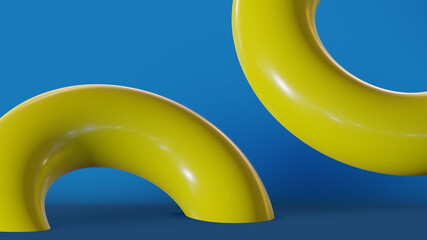 Yellow primitives' constructions. Abstract 3d render, modern background with geometric shapes, graphic design. Blue background.