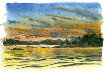 Fototapeta premium Landscape of the river and forest in watercolor. Sunset.