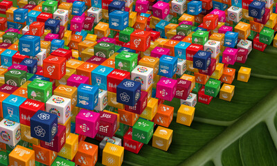 Fototapeta na wymiar 3D rendering colorful cubes Illustration of Corporate social responsibility icons. Concept design to perform sustainable development and to create a sustainable world. 3D Icons. 3D Illustration.