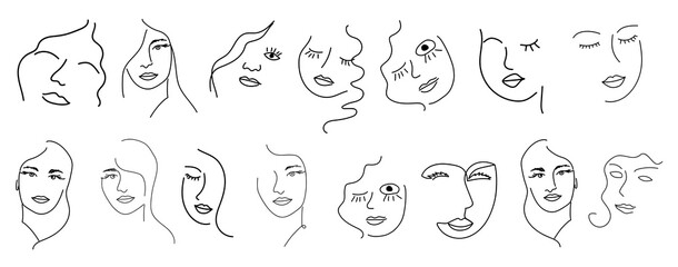 Modern Abstract Face Portrait. Linear Ink Brush. Line Art Current Contemporary Continuous Cubism Painting. Fashion Style Black And White Abstraction Poster