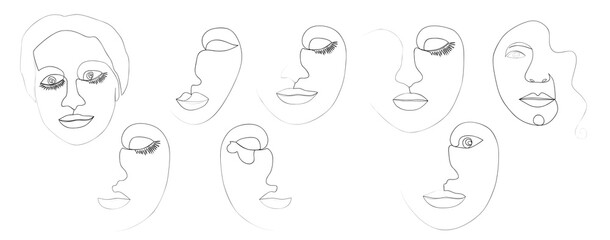 Continuous line, drawing of set faces and hairstyle, fashion concept, woman beauty minimalist, illustration