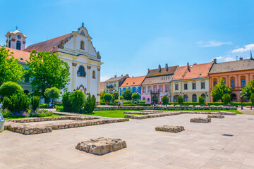 the Marcius 15 square in the hungarian city Vac dominated by the feherek church