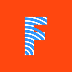 Letter F texture of curved lines in white and blue on orange background for party, editable vector