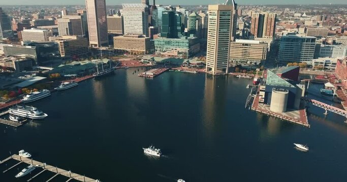 Baltimore city inner harbor skyscrapers panorama bird view