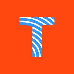 Letter T texture of curved lines in white and blue on orange background for party, editable vector