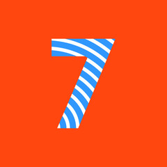 number 7 texture of curved lines in white and blue on orange background for party, editable vector
