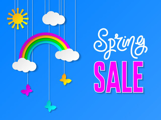 Spring sale banner with sky, butterflies and sale text. Design template for discount vouchers, marketing posters, web banners, shopping flyers. Sale and special offer.