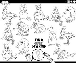 one of a kind task with cartoon animals coloring book page