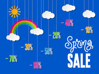 Spring sale banner with sky and sale text. Design template for discount vouchers, marketing posters, web banners, shopping flyers. Sale and special offer.